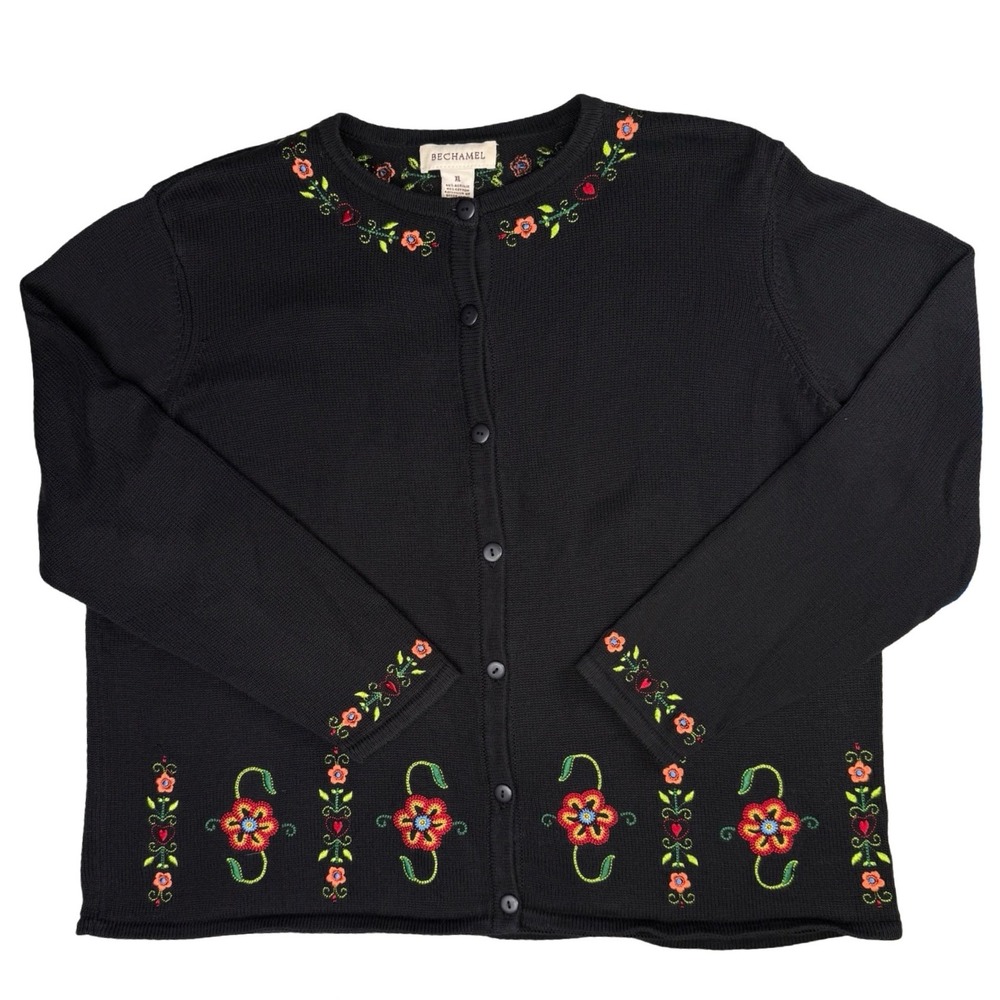Floral Embroidered Cardigan Black Cottagecore Button Front Womens XL - Picture 5 of 9